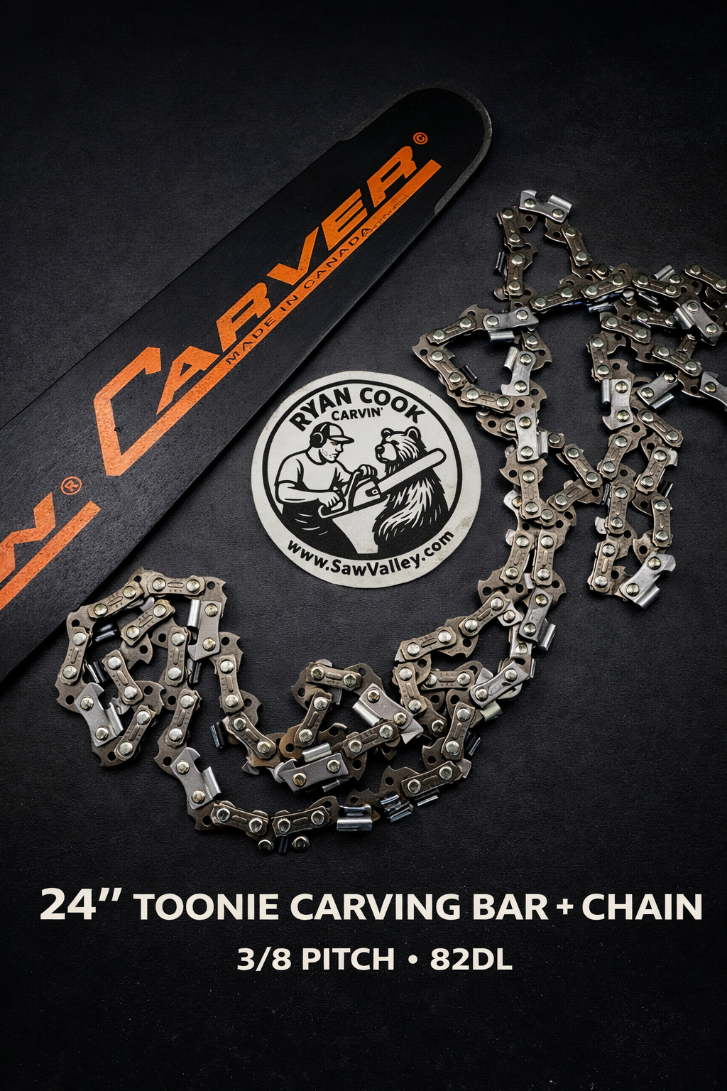 Cannon 24" Carving Bar &amp; Chain Combo – S1 Mount, Toonie Tip (.050 Gauge, 3/8- .325" Pitch)