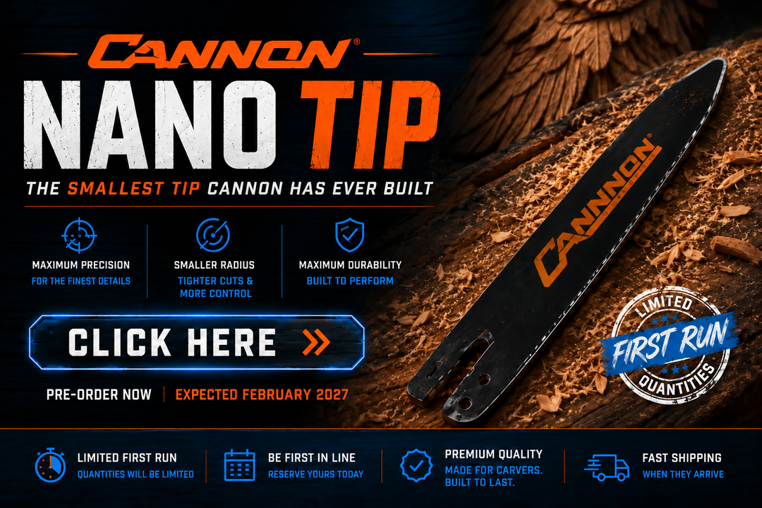 Cannon Nano Tip carving bar with a tiny solid nose and no tip sprocket — pre-order, expected February 2027
