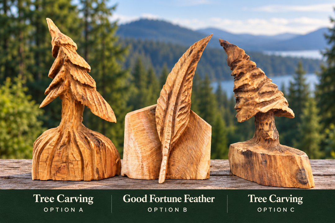 Tree carving option A, Good Fortune Feather option B, and tree carving option C